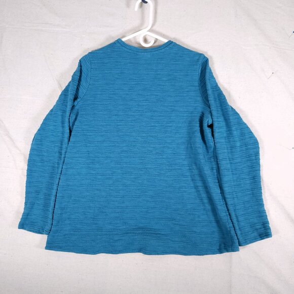 J Jill Lagenlook Blue Textured Knit Top Medium Long Sleeve Kangaroo Pocket Artsy - Picture 2 of 13